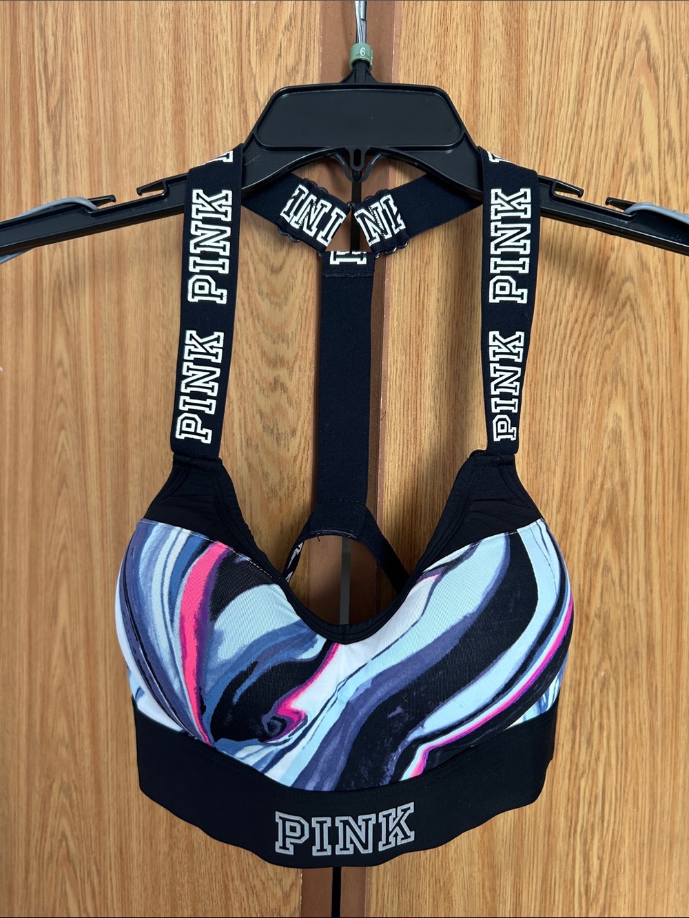 PINK Victoria's Secret Black Sports Bra with Pink Lining & Blue Marble Accents